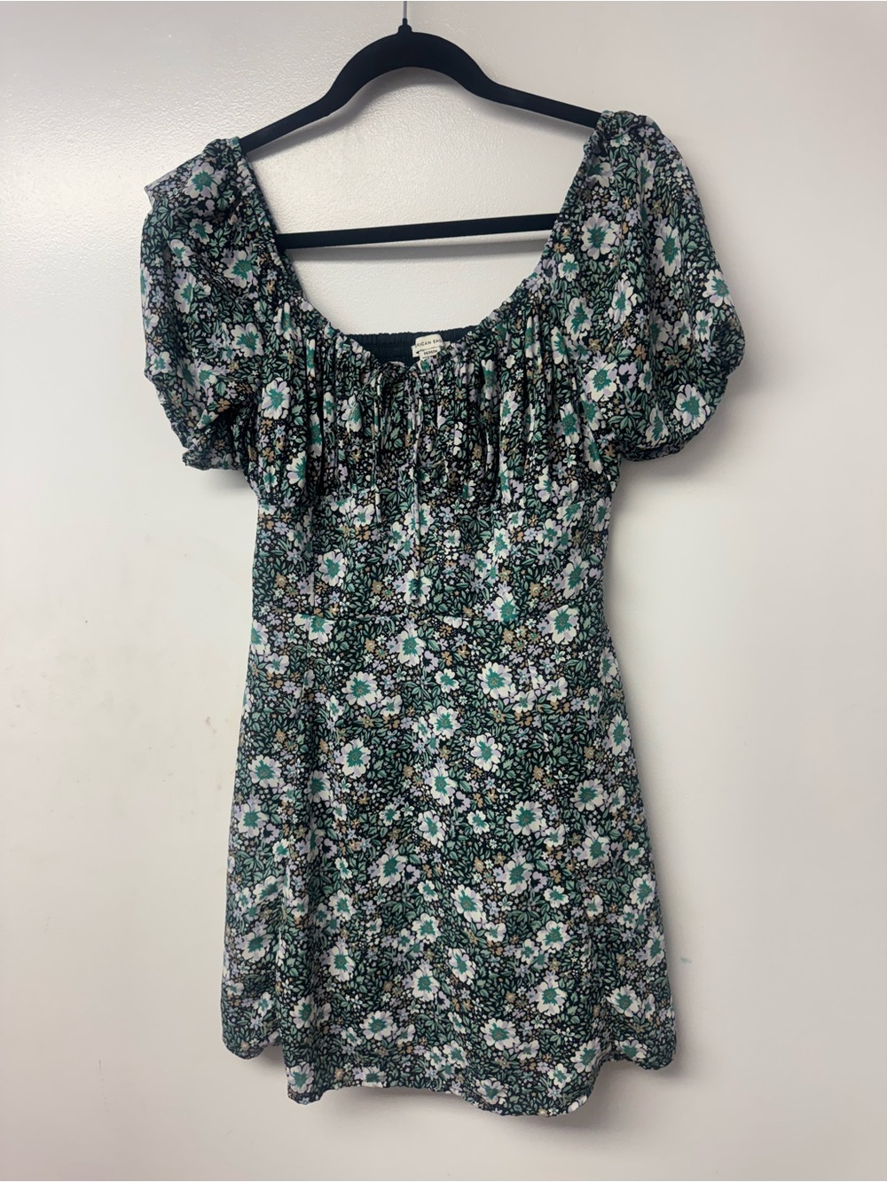American Eagle Floral Puff Sleeve Mini Dress M ruched bodice Cottagecore Boho C6 - Picture 4 of 11